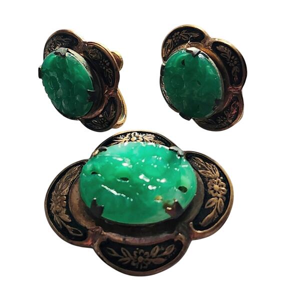 Vtg 1940s Peking Glass Faux Jade Gold Filled Pin Brooch & Screwback Earring Set - Picture 2 of 5